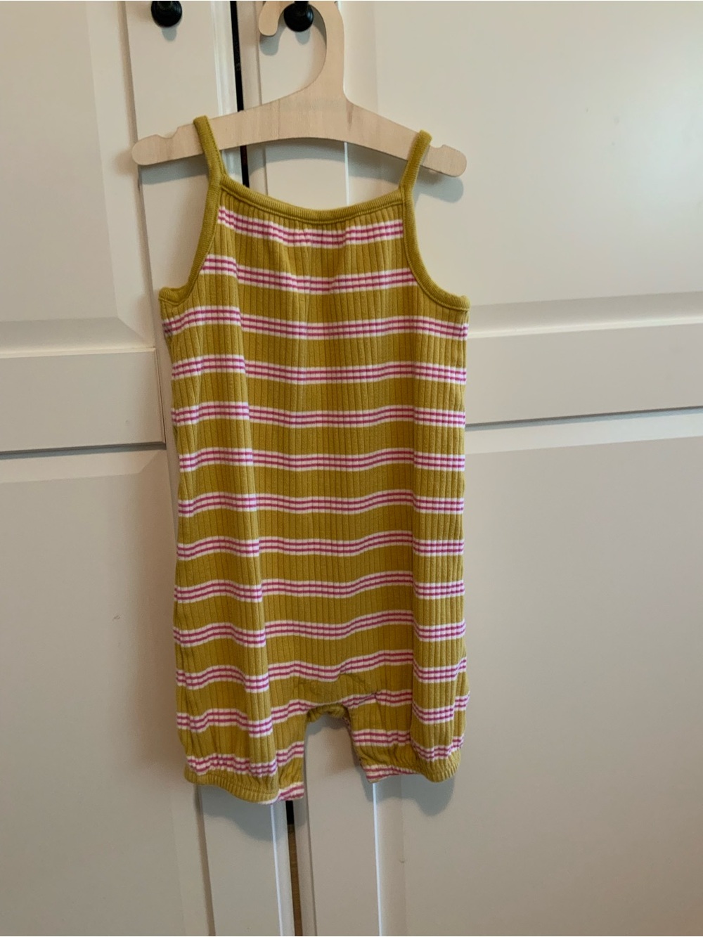 Hanna Andersson Mustard & Pink Striped Ribbed Soft and Stretchy Knit Romper